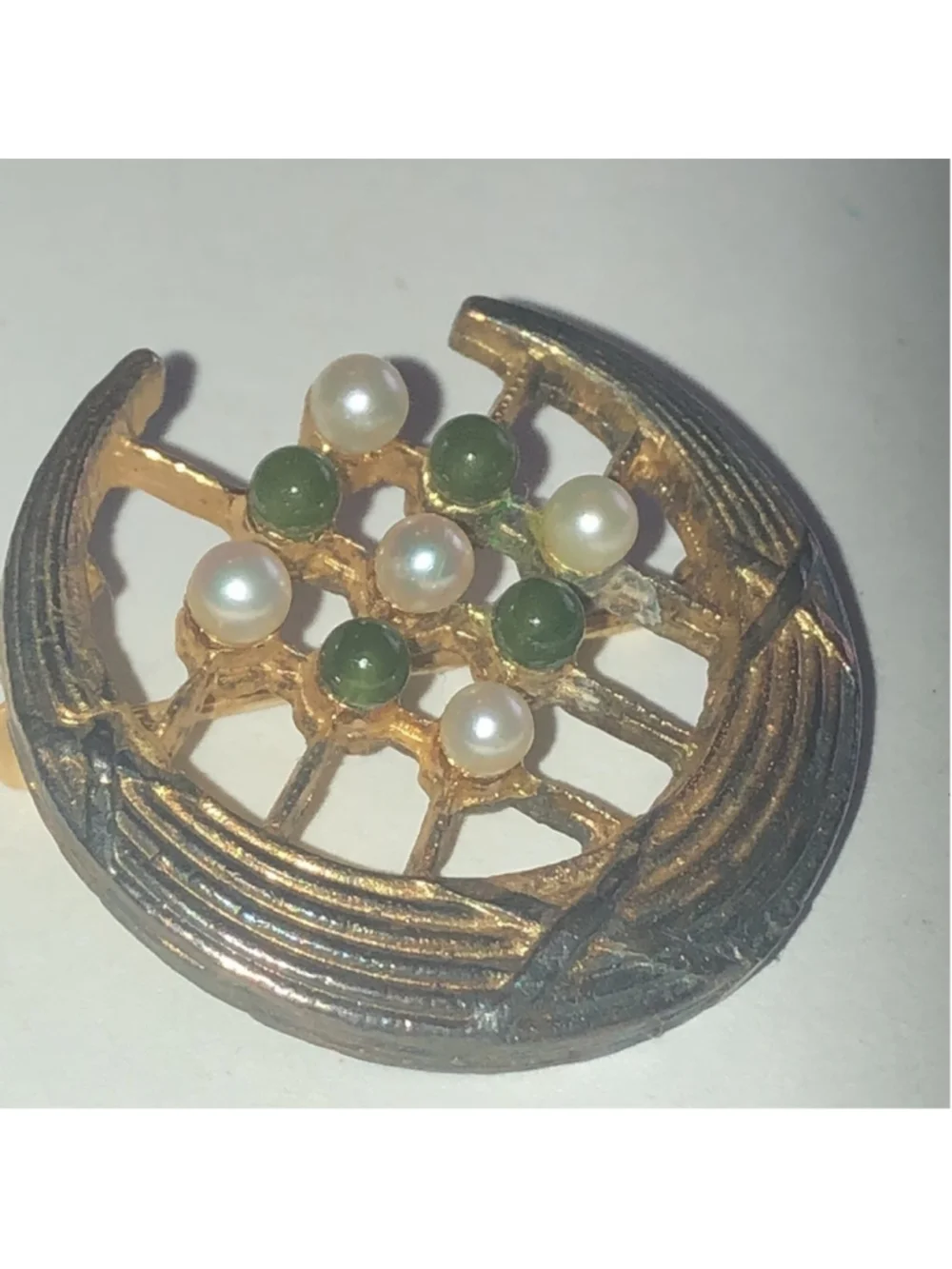 D’Or Sterling Silver Plated Jade & Faux Pearl Vintage Brooch Shoulder Pin